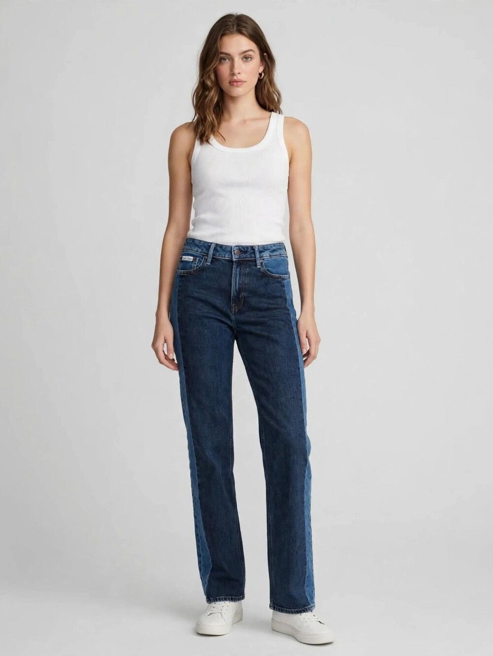 Calvin Klein Two-Tone Blue Straight Leg Jeans with Side Panels